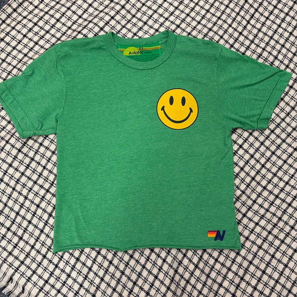 Aviator Nation Green Smiley Face Tee Shirt, XS